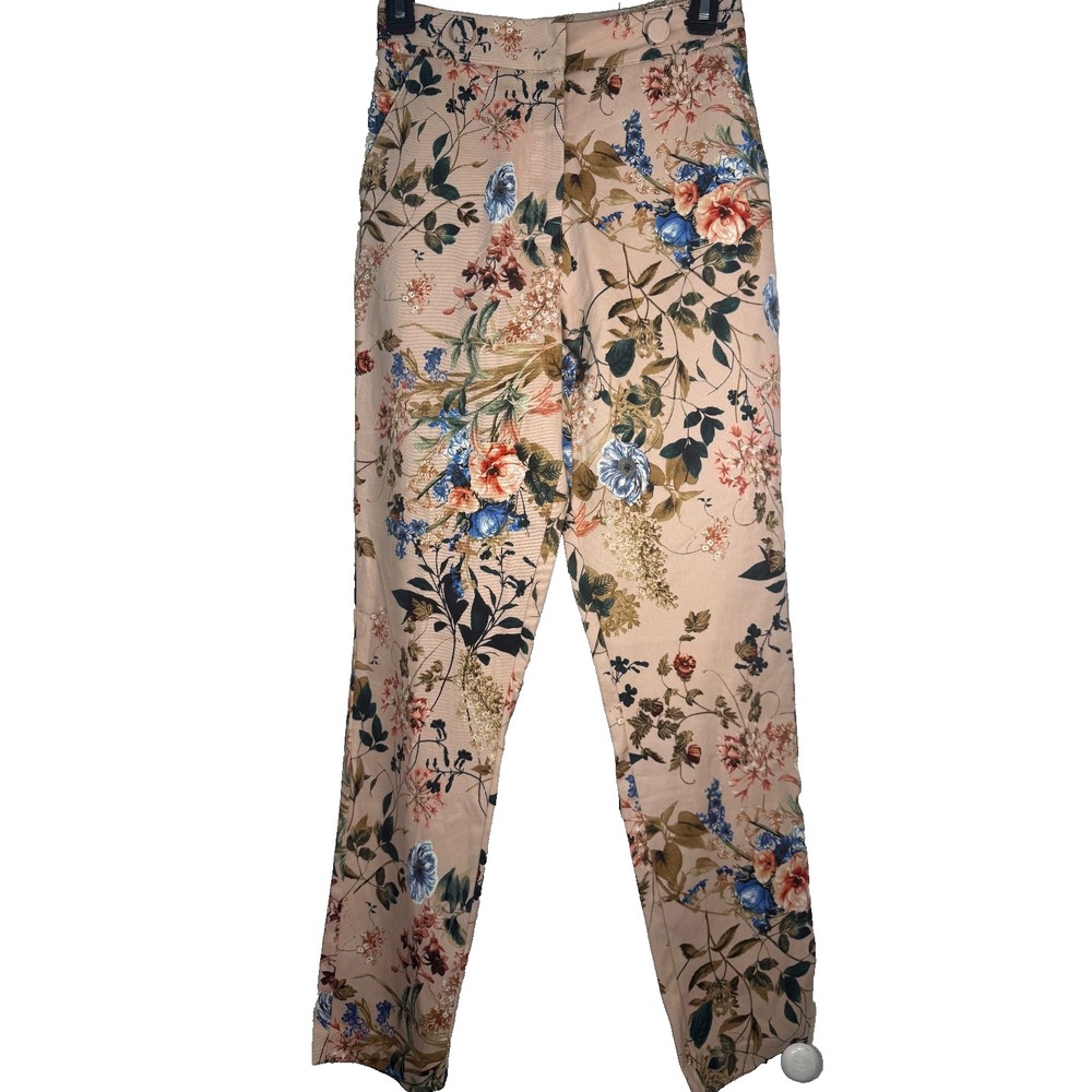 Studio‎ F Women's Pants Size 2 Beige Multicolor Floral Print Slim Fit Trousers